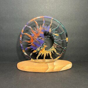 Lazart Southwestern Style Painted Metal Sun Cutout Sculpture w/ Sandstone Base